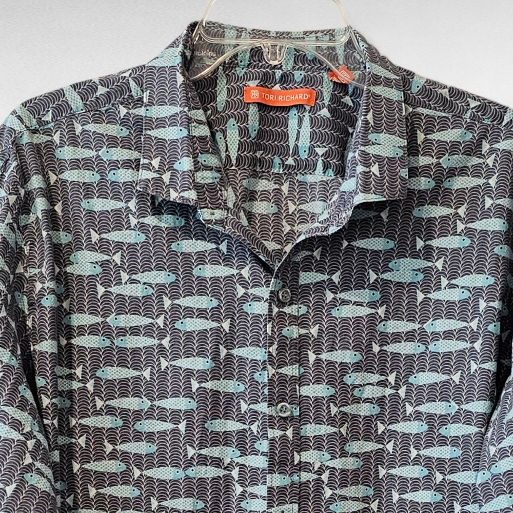 Tori Richard Blue Fish Hawaiian Button Up Long Sleeve Shirt Size XL